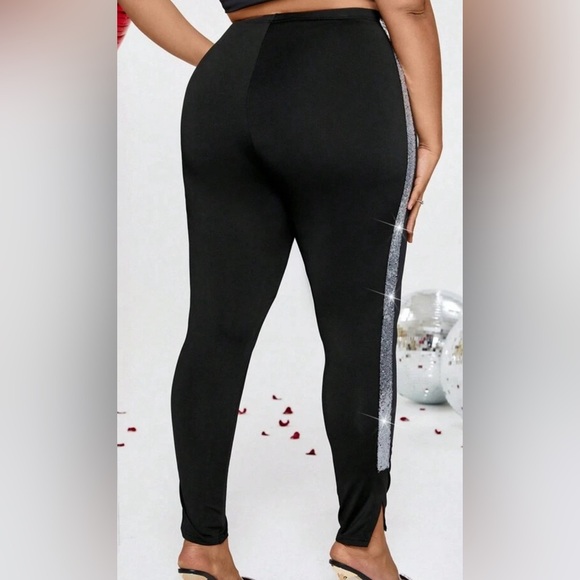 Women's Plus Size Sequined Patchwork Leggings With Side Slit - Picture 3 of 5